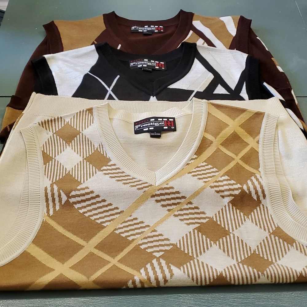 This is a lot of 3 mens argyle vests. NWOT. size large. Black, tan and brown.